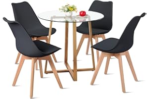 FUNITABLE Dining Table with 4 Chairs, Dining Set, 80 x 80 cm, Round Glass Kitchen Table, Dining Room Group Table Set for Bar Table, Living Room, Kitchen (Transparent Table + 4 Black Chairs)
