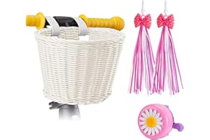SVNR Kids Bike Basket Set, Girl Bike Basket White Handwoven, Bike Baskets for Kids, Children Cycling Basket with Spare Leather Straps, Bowknot Streamers and Bell Easy Install Detachable
