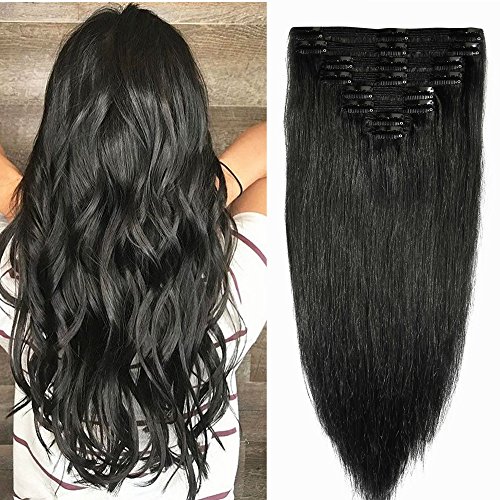Deluxe Double Weft Remy Human Hair Clip in Extensions #1 Jet Black 8 Pieces Full Head Set 10"-22" Grade 7A Real Natural Long Straight Silky Soft, 22 inches-160g