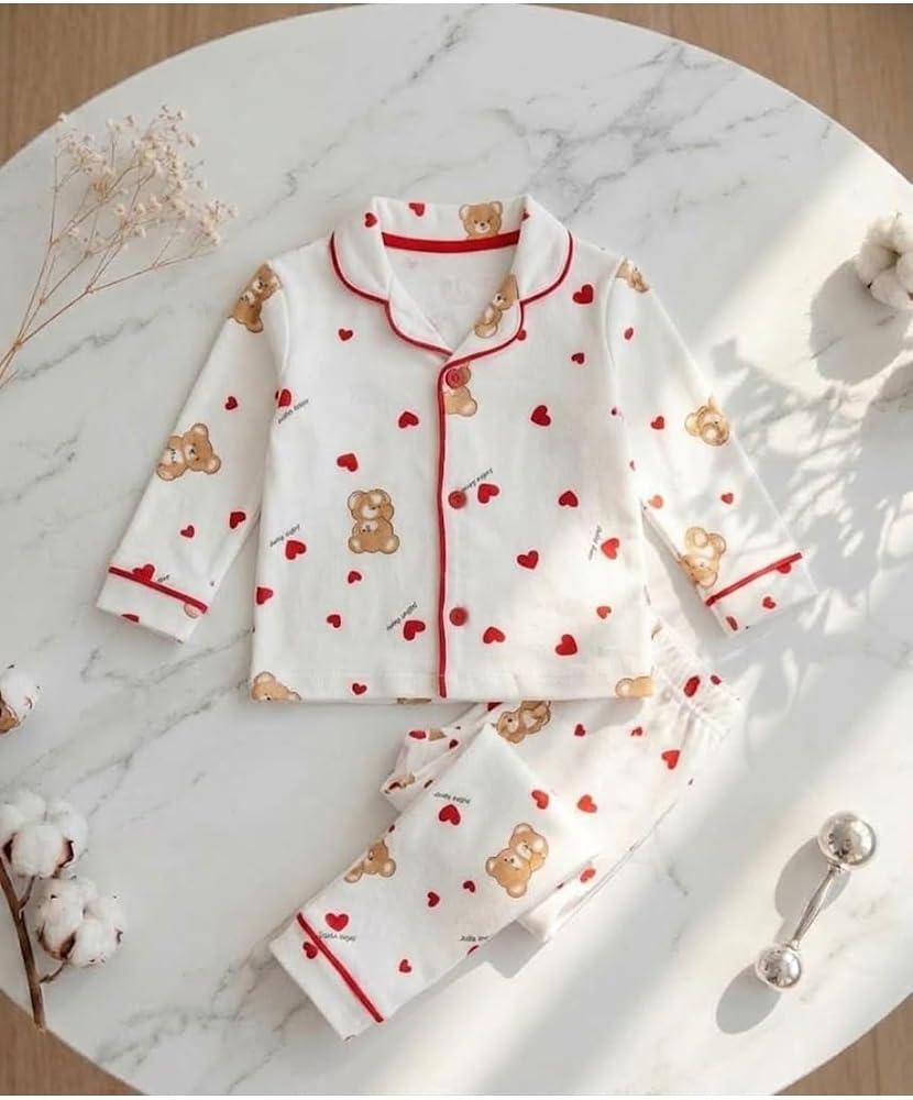Kalp&Ayıcık Desenli%100 Pamuk Bebe Yakalı Pijama Takımı Kız Bebek