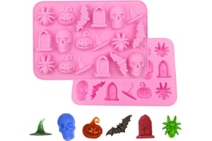 PTAIZJJZ Paquete de 2 moldes de silicona para Chocolate de Halloween, molde para Fondant, araña, murciélago, lápida, Calavera, cabeza de calabaza, sombrero de bruja, dulces, galletas, molde para hornear DIY