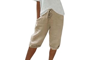 WDCHAOYUE Sommerhose Damen Leicht Sommer Einfarbig Kurze Hosen Leinenhose Mit Kordelzug Casual Pants Hohe Taille Caprihose Stoffhose Bequeme Freizeithose Frauen Elegant Loose Fit Strandhose Outdoorhose