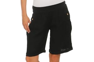 Mississhop Bermuda en lin pour femme 100 % lin avec boutons pour l'été et la plage - Vert