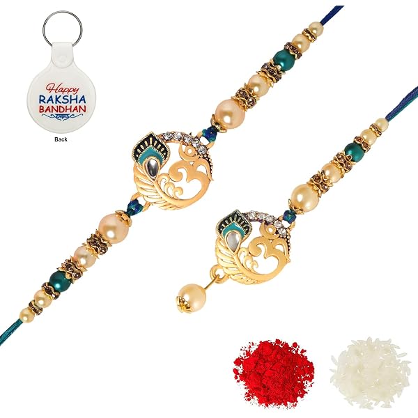 White Pearl Rakhi & Lumba Set – Traditional Rakhi For Brother & Bhabhi With Roli Chawal – Rakshabandhan Gift Set