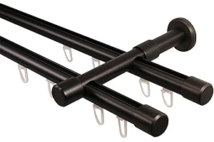 iso-design Gardinenstange Innenlauf 2-läufig schwarz 20 mm Durchmesser, Wandmontage, Gardinenstangenkomplettset aus Metall mit Wandhaltern und Endstück Kappe, 180 cm