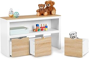 IDMarket - Contenitore per bambini MANA bianco e faggio con 3 cassetti a cubo su rotelle