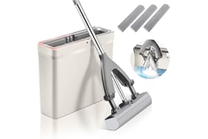 HEVOL Mopa con Cubo, Esponja con Mango de Acero Inoxidable de 134 cm, Esponja con 3Cabezales de Esponja para Azulejos, Laminado, Limpieza de Suelos de Madera Dura