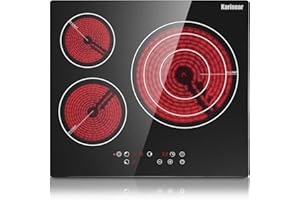 Karinear Plaque de cuisson en céramique intégrée 3 feux, Table de cuisson électrique en verre cristal noir avec commande tactile, Minuterie, verrouillage pour enfants, 5700w, pas de prise incluse