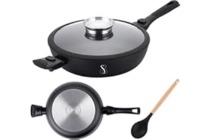 Stone&Stone Padella 28cm alta 7,5 cm a induzione estremamente antiaderente e antigraffio | alluminio acciaio e rivestimento tedesco | padelle chef professionale | coperchio in vetro (28CM ALTA)