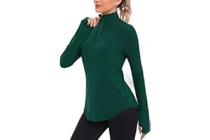 Crewhpo Tee Shirt Sport Femme Manche Longue Haut Running avec Trous pour Les Pouces Tshirt Yoga 1/4 Zip Top Fitness Séchage Rapide T-Shirt Course à Pied Séchage S-XXL