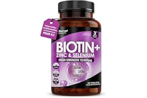 NEW LEAF PRODUCTS New Leaf Comprimés Biotine Cheveux, Comprimés de Biotine avec Zinc et Sélénium, 12 000 µg, Vitamines Véganes pour Cheveux, Peau et Ongles, Haute Concentration, Cure de 3 Mois, Fabriqués au Royaume-Uni