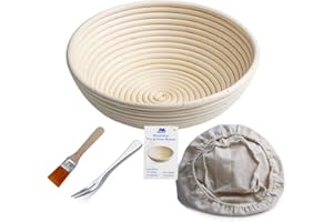 M JINGMEI Banneton rond L'Imperméabilité Panier 25 cm Banneton Brotform pâte pour pain et brosse sans [1000g de pâte] l'Imperméabilité se lever en rotin Bol + sans Premium + Fourchette à pain sans…