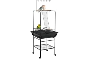 PawHut Aire de Jeu perchoirs sur roulettes pour Oiseaux perroquets avec 3 perchoirs en Bois, 1 échelle, 2 mangeoires en INOX, bac récupérateur Coulissant, 62,5 x 62,5 x 155 cm, Gris foncé