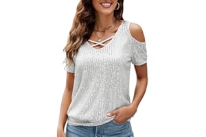 JASAMBAC Womens Sequin Tops Cross&V-Neck Cold Shoulder Tops Evening Tops Ladies Going Out Tops Glitter Tops Tunic Sparkle Short Sleeve Dressy Blouse for Club Party