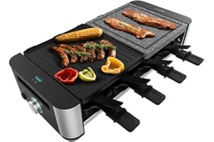 Cecotec Raclette Cheese&Grill 16000 Inox Mixgrill. 1400 W, 8 Personas, 2 Placas antiadherentes, Superficie mixta de 20 x 22 cm, 8 sartenes, Termostato regulable, Apto lavavajillas
