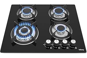 IsEasy Plaque Gaz 4 Feuxs Encastrable, Plaque de Cuisson Gaz 4 Feuxs Verre, Table Gazs 60cm, Gazs Bouteille et Ville, Avec buse NG/LPG