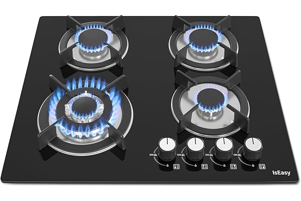 IsEasy Plaque Gaz 4 Feuxs Encastrable, Plaque de Cuisson Gaz 4 Feuxs Verre, Table Gazs 60cm, Gazs Bouteille et Ville, Avec buse NG/LPG