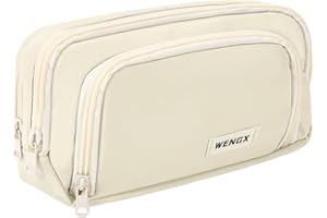 WENGX Large Capacity Pencil Case,Zip Smooth Pencil Pouch for Girls Boys with 4 Compartments Pen Bag Stationery Organizer Office Makeup Bag for Women Men(Beige)