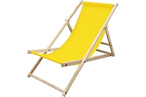ECD Germany Chaise Longue Pliante Chilienne en Bois de Pin, Jaune, Dossier Réglable, 3 Positions de Couchage, jusqu'à 120kg, Bain de Soleil en Tissu Oxford pour Plage Jardin Terrasse Balcon Camping