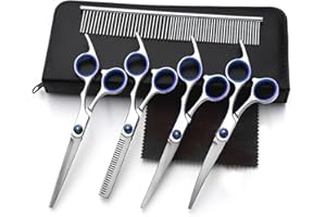 MOPPRO Dog Grooming Kit 5 Pack - Scissors Including a Comb and 4 Clippers, Thinning, Up-Curved, Down-Curved, Straight with Case Small or Large Pets, Cats, Dogs, Blue (CWJDTZF002)