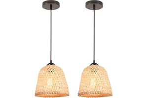 LIGKIN 2 Piezas Lámpara Colgante de Bambú Tejido Lámpara de Techo Boho E27 Pantalla de Bambú Lampara Techo Ratán Vintage Decorativa para Dormitorio Cocina Cafetería
