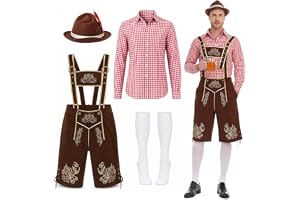 DAJASD Oktoberfest herroutfit, 4 delar, oktoberfest-kostym, oktoberfest-kläder med bayerska dräkter, läderbyxor med hängslen