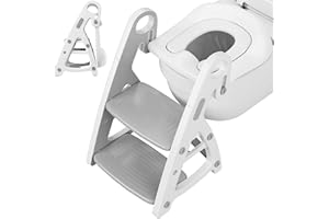 MAMIZO Siège de toilette pour bébé 2 en 1, avec escalier, structure triangulaire stable, marchepied pliable, avec pédale et hauteur d'assise réglables, grande pédale et poignées, doublure en polyuréthane,