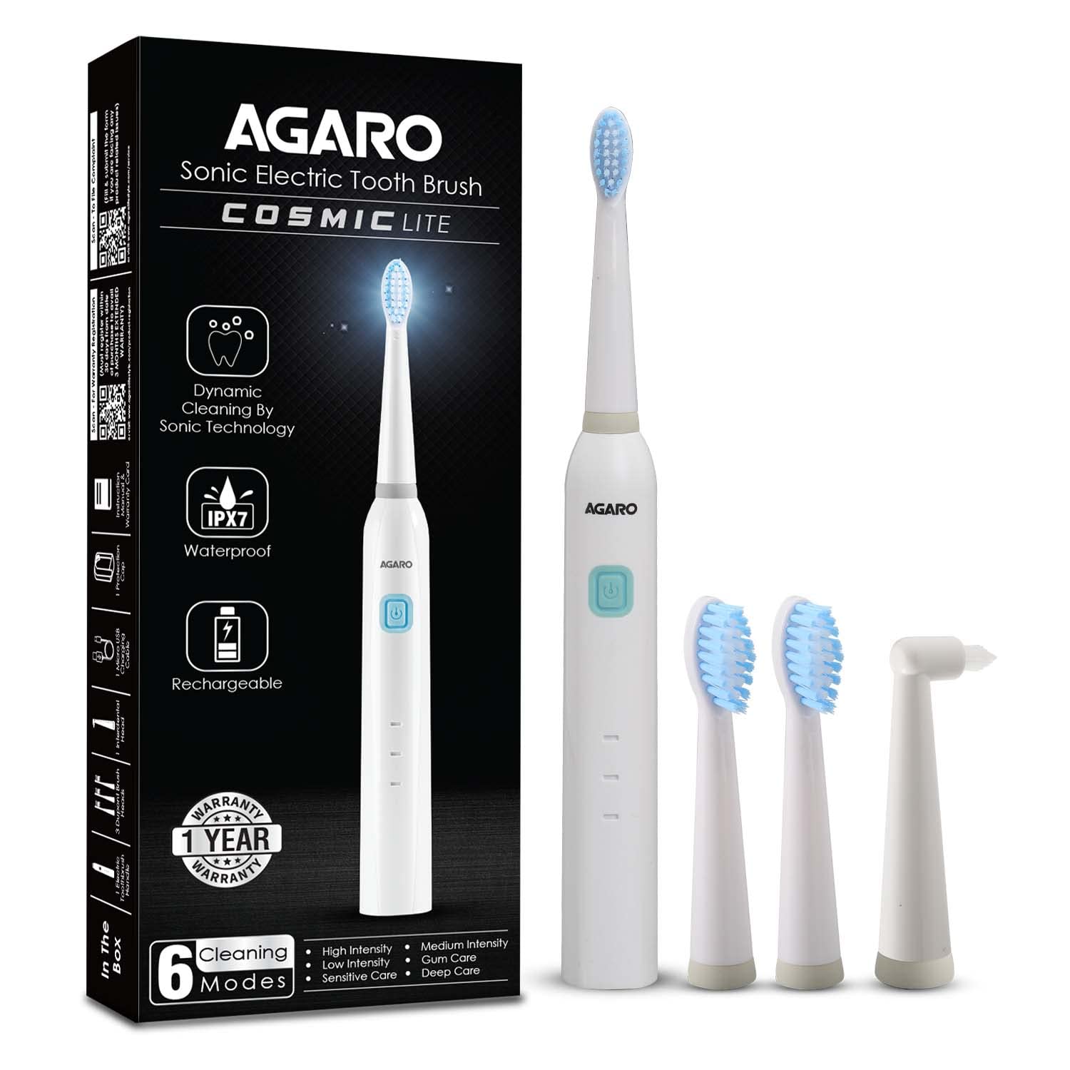 AGARO COSMIC Lite Sonic Electric Toothbrush for Adults with 6 Modes, 3 Brush Heads, 1 Interdental Head and Rechargeable with 