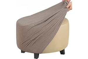 GUNDAN Round Footstool Cover Gray Stretch Ottoman Cover, Fabric Removable Large Stretch Pouffe Cover Anti-Slip Foot Stool Jacquard Slipcovers With Elastic Bottom, Machine Washable