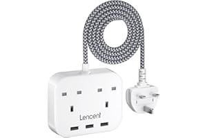 LENCENT Mini Extension Lead with 3 USB Port, 2 Way Outlets Power Strip with 3 USB Slots, Multi Plug Power Extension with 1.8M Braided Extension cord for Home Office Travel (13A 3250W)