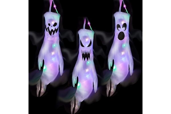 Deco Halloween 3 Pièces Halloween FantôMe Suspendue DéCoration, Manche à Air Lumineux à LED en Forme De FantôMe Dhalloween, DéCorations FantôMe Manche à Vent Accessoires de Décoration de Fête Hallowee