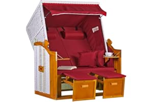 ‎MR. DEKO MR. DEKO® Strandkorb Ostsee Volllieger 2-Sitzer | PE Geflecht Weiß Bezug Uni rot | inkl. 4 Kissen & Klapptisch | Strandstuhl verstellbar | Strandkörbe aus Hartholz mit Fußablage (Dessin Uni Rot)