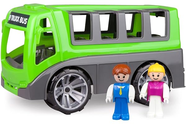 LENA - 04454 - TRUXX Bus, Véhicule de Jeu Bus env. 27 cm, Set de Jeu avec autocar Robuste et 2 Figurines de Jeu entièrement Mobiles, pour Enfants à partir de 2 Ans, Vert / Gris
