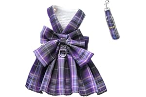 LtuzPet Plaid Dog Dress Bow Tie Harness Leash Set Princess Dog Wedding Dress Puppy Clothes Summer Dog Skirt for Small Medium Dogs Cats Girls