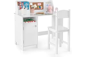COSTWAY Zestaw biurka dla dzieci, biurko dla dzieci z krzesłem z drewna, biurko szkolne z regałem na książki, szafą i tablicą do przypinania, biurko młodzieżowe dla dzieci od 3 lat, kolor biały