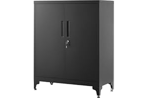 SONGMICS Armadietto in Metallo, Mobiletto Multiuso, Armadio a 2 Ante da Ufficio, Mobile con Serratura, in Acciaio, per Studio Soggiorno, Nero Opaco OMC013B01