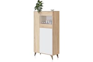 duehome | Vitrina con 3 Puertas, Bueffet para salón, Modelo Lira, Acabado en Blanco Artik y Roble Canadian, Medidas: 77 cm (Ancho) x 142 cm (Alto) x 33 cm (Fondo)