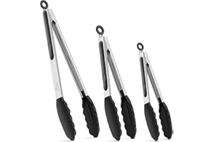 Hotec Pinze da Cucina,Pinza Spaghetti,Pinze de Barbecue Acciaio Inoxe Silicone di Alta qualità,Sistema di Bloccaggio Intelligente,Set da 3,Nero