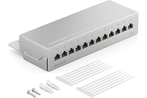 deleyCON CAT6 Network Panel 12-Port Patch Panel Distributor Field Desktop & Wall Mounting Shielded 12x RJ45 Ports TIA568A TIA568B - Light Gray