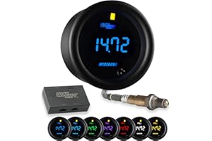 GlowShift Black 7 Color Digital Wideband Air/Fuel Ratio AFR Gauge Kit - Includes Oxygen Sensor, Data Logging Output & Weld-in Bung - Multi-Color LED Display - Clear Lens - 2-1/16" 52mm