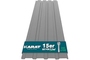 KARAT Metal Roofing Sheets 115 x 45 cm (Pack of 15) 7.7 m² Corrugated Roof Sheeting Plates Cladding for Garage, Shed, Carport and Greenhouse, Galvanised Coated, Light Grey (incl. 30x Screws)