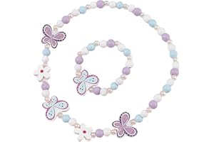 Souvik 2-Piece Children's Jewellery Set Wooden Necklace and Bracelet for Girls Decorating Jewellery Set for Children with Butterfly and Flower Beads for Birthday or Everyday Use