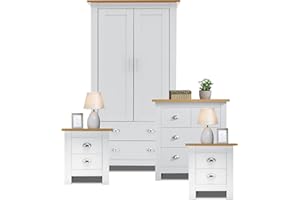 Blisswood 4 Piece Bedroom furniture Set With 2 Door wardrobe & 2+2 Drawer Chest and 2x (2 Drawer Bedside Cabinet) Bedroom Storage Furniture (White)