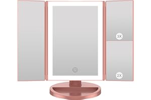 WEILY Specchio Trucco con Luci, specchio Ingranditore con 1X/2X/3X, Specchio Led Trucco Tri-Fold con Touch Screen, Specchio da Tavolo Supporto USB e Batteria (Oro Rosa)