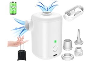 MEBIUSYHC Mini Pompe à air électrique,Batterie Rechargeable 3000 mAh,Gonfleur Matelas Gonflable avec 4 Buses d'air,Gonfleur Rapide pour Bateau Pneumatique/Matelas Pneumatique (Blanc)