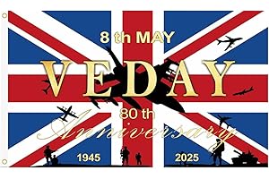 HJYODY VE Day 80th Anniversary Flag Banner, 1PCS 3.1 x 4.7ft Waterproof Cloth Flag for 80 Years Victory In Europe WW2 1945-2025 Party Decorations