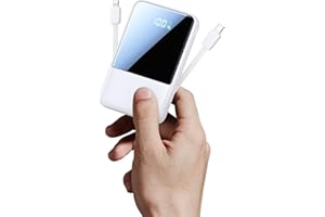 Aioneus Power Bank, Mini Powerbank 10000mAh mit integrierte Kabel (USB-C + Lightning) - Klein 22.5W PD Schnellladung Externe Handyakku für iPhone 17/16/15/14/13/12/11, Samsung Galaxy, iPad