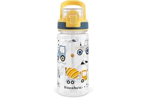wooshwa Borraccia Bambini con Cannuccia 480ml, Borraccia Bambino Bambina a Prova di Perdite con Maniglia Senza BPA, per Viaggi Sport Scolastici - Escavatore Giallo