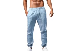 Dwevkeful Pantaloni Lino Uomo Estivi Casual Leggeri Larghi Pantalon Elastico in Vita Comodi Pantalone Yoga da Spiaggia con Tasche Loose Fit Pants Beige