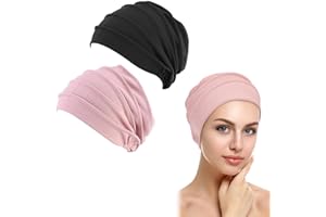 BSGZCM 2 Packs Women Cotton Sleep Beanie Cap, Chemo Turban Headwear Cancer Head Bonnet Women Head coverings Classic Beanie Skull Cap Baggy Hat Hip-Hop Winter Summer Hat for Women Ladies, Black & Pink